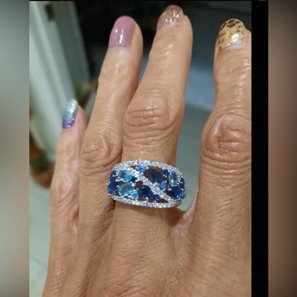 🩵 Blue Crystal Cz Diamond Wide Band  Ring 💎 - Picture 5 of 16